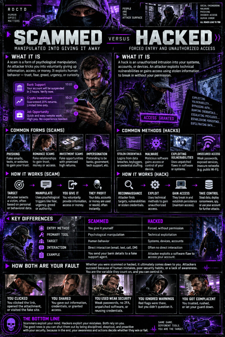 Scammed VERSUS Hacked Infographic PDF | RDCTD Tradecraft