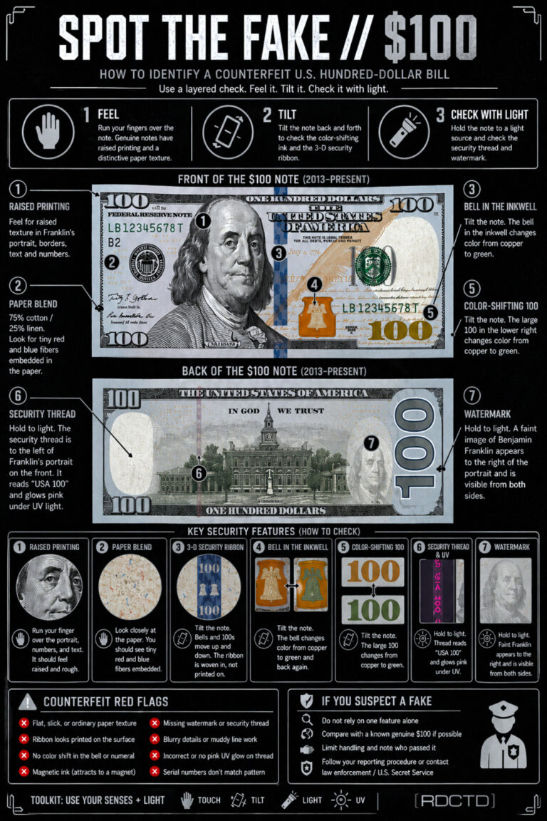 Spotting a Fake $100 Bill Infographic | RDCTD Tradecraft