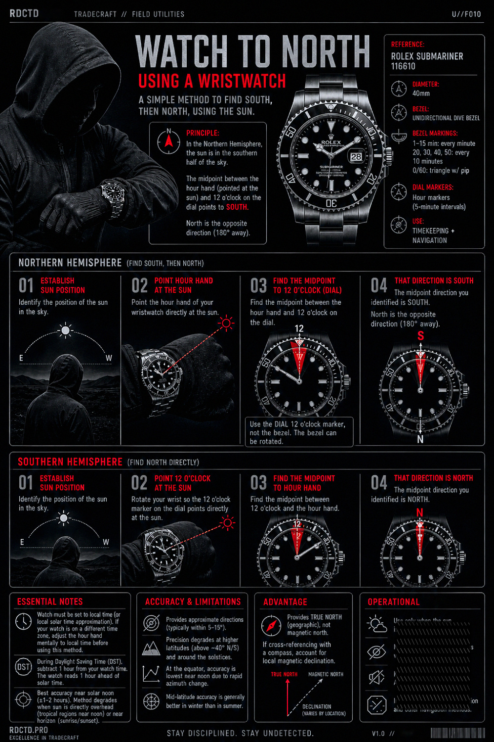 Using a Wristwatch as a Compass Infographic | RDCTD Tradecraft